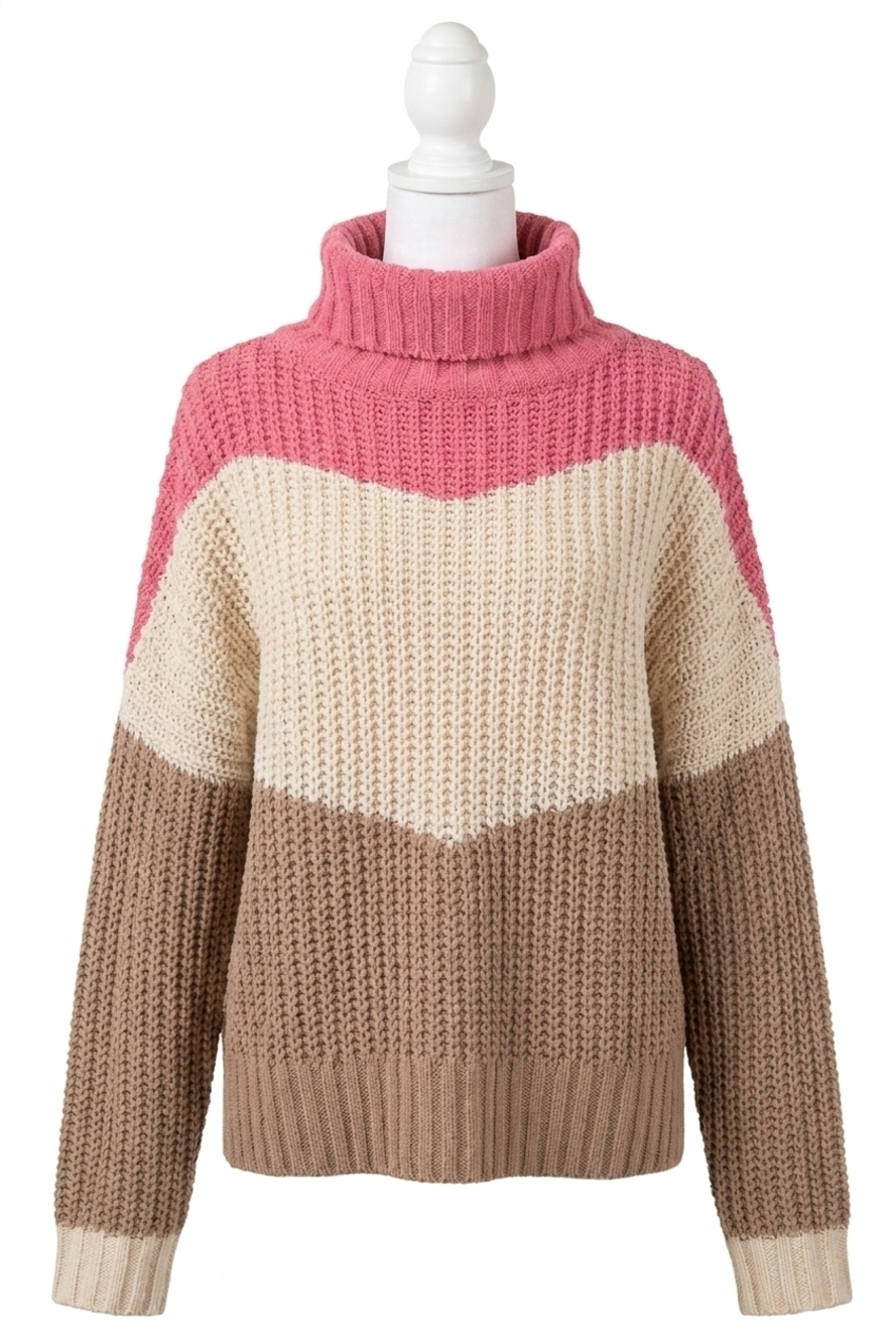 NEW POL textured colorblock turtleneck sweater in bubblegum pink multi